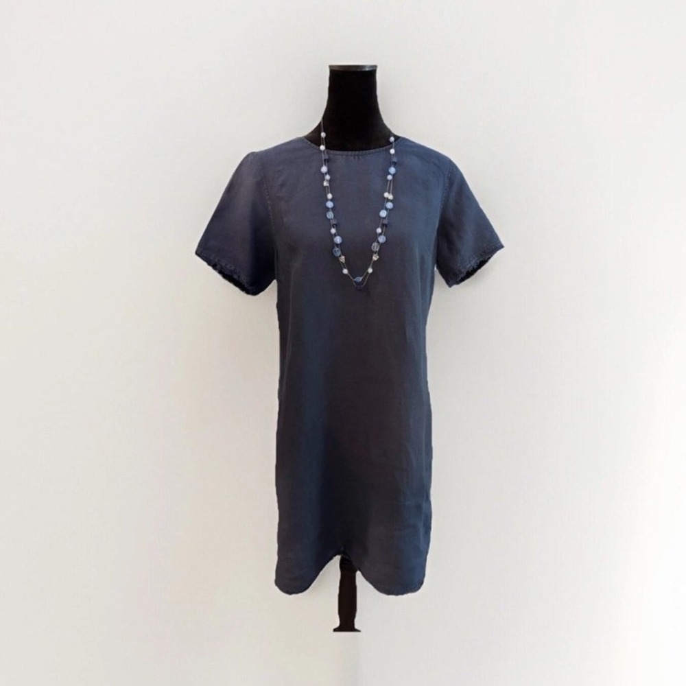 Tommy Bahama Navy Blue Linen Shift Dress, Size Small Back Zip Raw Hem 36" L
